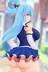 1girls aqua_(konosuba) aqua_hair ass back_view big_ass blue_eyes blue_hair breasts depthsofmind elbow_gloves eyebrows_visible_through_hair female female_only hair_ornament huge_ass kono_subarashii_sekai_ni_shukufuku_wo! long_hair looking_at_viewer looking_back miniskirt no_panties shirt skirt sleeveless_shirt solo standing thick_thighs thighs very_long_hair