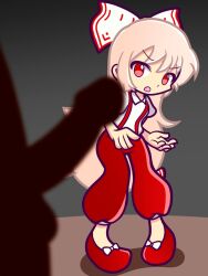 1boy 1girls female fujiwara_no_mokou furii_(artist) imminent_sex male penis puyo_puyo_artstyle red_eyes red_overalls ribbon style_parody touhou white_hair white_shirt