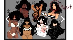 1boy 7girls big_breasts black_background black_body black_eyes black_hair cartoony cum_in_mouth cum_on_body cum_on_breasts cum_version cumshot disembodied_penis female floating_penis paizuri partial_male redraw straight teaser_image titjob tongue tongue_out white_shirt