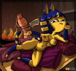 animal_crossing ankha anthro breasts domestic_cat egyptian felid feline felis female genitals hentai_boy hi_res hieroglyphics mammal nintendo nude pussy solo solo_focus tongue_bath video_games