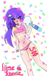 alcohol body_writing confusion drunk drunk_bubbles happy happy_trance loose_clothes panties peeing peeing_self purple_eyes purple_hair sleepy slime_scheme tank_top underboob urination urine urine_pool wetting wetting_self