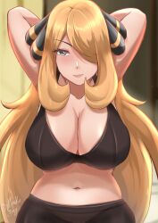 big_breasts blonde_hair breasts cleavage cynthia_(pokemon) game_freak hair_over_one_eye light-skinned_female light_skin long_hair looking_at_viewer pokemon pokemon_dppt rinku_bny sports_bra sportswear voluptuous