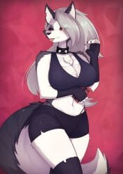 1girls anthro big_breasts collar female female_focus female_only fit_female furry grey_fur grey_hair hellhound helluva_boss long_tail loona_(helluva_boss) phone red_pupils shano_541 tease tongue_out white_fur wolf wolf_girl