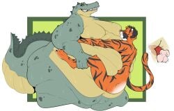 alligator alligatorid anthro ass balls_deep belly_fucking big_butt bodily_fluids caring crocodilian duo electro_tiger felid hi_res leg_grab looking_pleasured male male/male mammal moob_suck obese overweight pantherine penetration reptile scalie size_difference smokii sweat thick_tail tiger