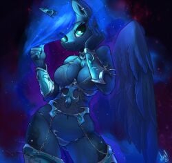 alicorn anthro anthrofied armor atryl biped blue_body blue_eyes blue_feathers blue_fur blue_hair breasts clothed clothing constellation cosmic_hair digital_media_(artwork) ear_piercing equid equine ethereal_hair feathered_wings feathers female friendship_is_magic fur hair hasbro horn long_hair looking_at_viewer mammal my_little_pony piercing princess_luna_(mlp) pseudo_hair skimpy solo standing wings