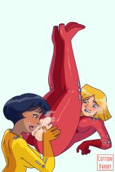 alex_(totally_spies) boots clover_(totally_spies) cottndandy cottondandy gloves legs_up pussy steam torn_bodysuit torn_clothes totally_spies yuri