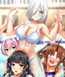 2022 4girls arm_grab arms_up bikini blue_eyes blush breasts hair_ornament hair_over_one_eye hamakaze_(kantai_collection) kantai_collection multiple_girls navel on_shoulders short_hair side-tie_bikini tagme wet white_bikini white_hair zanntetu