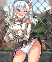 1girls 2022 blush bow_panties exhibitionism gloves hat humiliation kantai_collection kashima_(kantai_collection) outside panties panty_pull skirt skirt_lift standing sweat sweatdrop tagme twintails uniform white_hair white_panties zanntetu