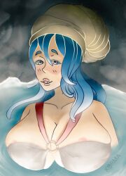 blue_hair bra breasts cave fossil_pokémon in_water karma_(artist) omanyte outdoors outside pokémon_(species) pokemon pokemon_rgby swimsuit thick water