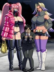 1boy 2d 2girls big_breasts black_boots boots breasts business_man cleavage enkaboots femdom height_difference high_heel_boots high_heels huge_breasts jacket looking_down mask mini_giantess multiple_girls piercing pink_hair shorter_male size_difference tall_female taller_girl thick_thighs thigh_boots thighhigh_boots twintails two_tone_hair white_boots