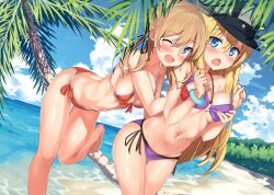 10s 2girls absurdres bandeau bangle bikini bismarck_(kantai_collection) blonde_hair blue_eyes blush bracelet breast_grab breasts cleavage cloud cloudy_sky day eyebrows grabbing grabbing_from_behind hair_between_eyes halterneck hat highres jewelry kantai_collection kawai_(purplrpouni) leaning_forward leg_up long_hair looking_at_viewer low_twintails military_hat multiple_girls o-ring o-ring_bikini o-ring_top ocean one_eye_closed open_mouth outdoors palm_tree peaked_cap prinz_eugen_(kantai_collection) purple_bikini red_bikini shiny shiny_skin shore side-tie_bikini_bottom sky standing standing_on_one_leg string_bikini swimsuit thigh_gap tree twintails water