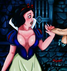 big_penis black_hair blush bow cleavage disney disney_princess dungeon female first_time gate jail penis princess shocked_expression skull snow_white_(disney) snow_white_and_the_seven_dwarfs testicles thedesiaries touching_penis unseen_male_face virgin