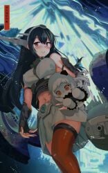 10s 2girls absurdres abyssal_ship ahoge anklet aurora_borealis bad_id bad_pixiv_id bare_legs bare_shoulders barefoot belt black_gloves black_hair black_nails breasts cannon closed_mouth collar covered_erect_nipples dress elbow_gloves eyebrows female female_only fingerless_gloves full_body gloves headgear highres holding jewelry kantai_collection kawai_(purplrpouni) large_breasts looking_at_viewer looking_down machinery miniskirt multiple_girls nagato_(kantai_collection) nail_polish navel night night_sky northern_ocean_princess red_eyes red_legwear shaded_face skirt sky smile smug star_(sky) starry_sky stomach take_it_home thighhighs toenail_polish toenails turret underbust vest white_dress white_gloves white_hair white_skirt white_vest zettai_ryouiki