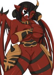 absurd_res anthro areola armor big_breasts bikini_armor bloodthirster bone breasts broken_horn cbear624 chaos chaos_(warhammer) chaos_daemon clothing covering covering_breasts daemon_of_khorne daemon_prince demon female genitals gynomorph hair hi_res horn humanoid intersex long_hair membrane_(anatomy) membranous_wings mostly_nude muscular muscular_thighs nipples notched_wings open_mouth pussy red_body simple_background skarbrand solo teeth total_war:_warhammer unconvincing_armor video_games warhammer_(franchise) warhammer_fantasy wings