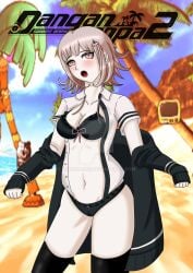 blush bra breasts danganronpa danganronpa_2:_goodbye_despair female_only large_breasts loquillo loquillo66 nanami_chiaki open_clothes panties smooth_skin super_danganronpa_2 thick_thighs thighhighs thighs undressing