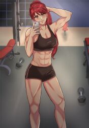 abs bangs blush bricc detailed_background fit fit_female green_eyes gym_clothes gym_shorts high_ponytail long_hair looking_at_viewer muscular muscular_female naviloser ponytail pyrrha_nikos red_hair rwby selfie shiny_hair shiny_skin smile tagme toned toned_female workout