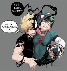 2boys big_tongue blonde_hair costume crossover english_text green_eyes green_hair implied_gay izuku_midoriya katsuki_bakugou licking licking_face long_tongue male male/male male_focus male_only marvel mask my_hero_academia red_eyes spider-man_(cosplay) spider-man_(series) straight_hair symbiote tongue unmasked venom venom_(cosplay) venom_(marvel)