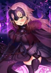 1girls armor bad_id bad_pixiv_id bangs black_thighhighs blonde_hair blush breasts cleavage cloak fate/grand_order fate_(series) female female_only fur_trim headpiece highres holding impossible_clothes jeanne_alter jeanne_d'arc_(fate) jeanne_d'arc_alter_(avenger)_(fate) jeanne_d'arc_alter_(fate) kawai_(purplrpouni) knee_up large_breasts long_hair looking_at_viewer open_mouth original scabbard sheathed solo standing standing_on_one_leg sword teeth thighhighs weapon yellow_eyes