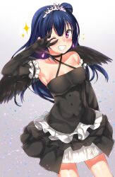 10s absurdres bad_id bad_pixiv_id bangs bare_shoulders black_dress black_gloves black_wings blue_hair blush criss-cross_halter dress earrings elbow_gloves female gloves grin hair_bun halterneck highres jewelry kawai_(purplrpouni) long_hair looking_at_viewer love_live! love_live!_sunshine!! m/ one_eye_closed peace_sign purple_eyes side_bun single_hair_bun smile solo tiara tsushima_yoshiko wings wink