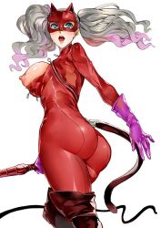 ann_takamaki ass azukiko blonde_hair blue_eyes bodysuit breasts clothing eyewear human large_breasts latex nipples pale_skin persona persona_5 phantom_thief_suit skin_tight tight_clothing twintails weapon whip