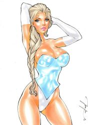 1girls blue_leotard braided_ponytail bulge_through_clothing bulging_breasts curvaceous curvy curvy_body curvy_female curvy_figure disney ed_benes_studio elsa_(frozen) female_focus frozen_(film) jeferson_lima looking_at_viewer milf red_lips seductive_eyes seductive_look solo_female tagme voluptuous voluptuous_female white_gloves white_hair