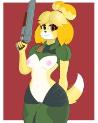 2020 absurd_res accessory animal_crossing anthro areola armor breasts canid canine canis casual clothing domestic_dog doom doom_eternal double-barreled_shotgun exposed_torso female firearm genitals green_clothing gun hair hair_accessory hairband hi_res holding_gun holding_object holding_weapon isabelle_(animal_crossing) mammal nintendo nipples orange_eyes pink_areola pink_nipples praetor_suit pussy ranged_weapon shih_tzu shotgun smile solo super_shotgun thick_thighs toy_dog video_games weapon yellow_body zhenai