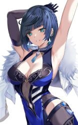 armpits blue_eyes blue_hair dress genshin_impact harimoji short_hair smile yelan_(genshin_impact)