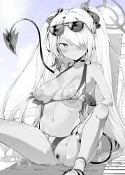 absurdres bikini bikini_pull black_bikini black_gloves blue_archive blush breasts censored choker clothes_pull demon_tail eyewear_on_head female female_pubic_hair gloves grey_hair greyscale hair_over_one_eye halo highres huge_nipples iori_(blue_archive) iori_(swimsuit)_(blue_archive) large_areolae long_hair looking_at_viewer monochrome mosaic_censoring navel nipples official_alternate_costume pointy_ears pubic_hair pussy red_eyes socks solo sunglasses swimsuit tail thigh_strap tomako_(tatihitoe) twintails very_long_hair