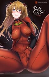 1girls asuka_langley_sohryu breasts eyebrows eyebrows_visible_through_hair eyelashes fishnet_legwear fishnet_shirt fishnets hair_over_one_eye long_hair looking_at_viewer neon_genesis_evangelion nipples orange_hair panties pierced_nipples piercing pink_panties plugsuit purple_eyes solo yanochi