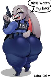 1girls anthro ass astral_girl big_ass bunny_ears chubby chubby_female clothing english_text eye_contact fat fat_ass female furry grey_fur gun huge_ass huge_butt hyper_bimbo judy_hopps long_ears looking_at_viewer looking_back name_drop purple_eyes text voluptuous wide_hips zootopia