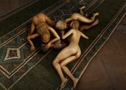 1boy 3d 3d_(artwork) 3girls altmer barefoot blonde_hair blowjob collaborative_fellatio dark-skinned_male dark_skin double_fellatio elenwen elf elf_female fellatio female fffm_foursome foursome high_elf interracial kissing male multiple_girls nude oral oral_sex pointy_ears redguard reverse_gangbang sex skyrim teamwork the_elder_scrolls yellow_skin