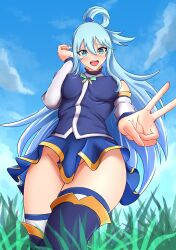 1girls aqua_(konosuba) breasts elpipe3000 hair_bun kono_subarashii_sekai_ni_shukufuku_wo! large_breasts looking_at_viewer solo