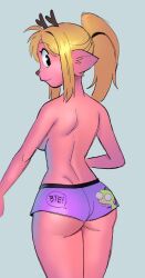 1girls animal_ears animal_humanoid animal_nose anthro antlers ass ass_focus back_view blonde_hair booty_shorts deer deer_ears deer_girl ear_tuft female female_focus female_only furry furry_only gir_(invader_zim) invader_zim kewlbot long_hair looking_back looking_over_shoulder nickelodeon oc open_eyes pink_fur ponytail purple_shorts round_ass short_shorts shorts shoulder_blades sideboob slim slim_waist smile smiling solo speech_bubble thick_thighs thighs topless topless_female wide_hips