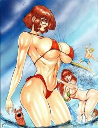 2girls 3boys alternate_breast_size beach big_breasts bikini_bottom bikini_top bulge_through_clothing bulging_breasts curvaceous curvy_body curvy_female curvy_figure daphne_blake ed_benes_studio ednardo_ferreira erect_nipples female fred_jones hanna-barbera long_hair male nipple_bulge on_beach orange_hair scooby-doo scooby-doo_(character) seductive_look shaggy_rogers short_hair signature thong_aside velma_dinkley voluptuous voluptuous_female