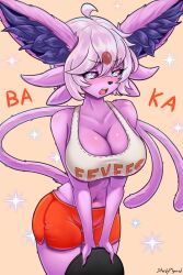 1girls absurdres ahoge alcohol anthro anthro_only blue_eyes blush breasts cameltoe cleavage eeveelution embarrassed espeon female furry highres hooters large_breasts looking_at_viewer midriff nintendo open_mouth pink_hair platter pokemon short_shorts shorts solo sturdyplywood tail tank_top tsundere v_arms waitress