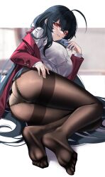 1girls 2022 absurdres ahoge ass azur_lane bangs black_hair black_skirt blue_skirt bra_visible_through_clothes breasts brown_pantyhose cellphone chinese_commentary commentary dress_shirt eternity_(shadeh) feet female female female_focus female_only floral_print foot_focus full_body glasses hair_between_eyes highres holding holding_phone jacket large_breasts layered_sleeves long_hair long_sleeves looking_at_viewer nail_polish no_shoes official_alternate_costume open_clothes open_jacket panties panties_over_pantyhose pantyhose parted_lips phone pleated_skirt red_eyes red_jacket revision school_uniform shirt skirt smartphone solo solo_female taihou_(azur_lane) taihou_(sweet_time_after_school)_(azur_lane) thighband_pantyhose underwear very_long_hair white_nails white_shirt