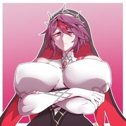 1girls big_breasts breasts clothed clothed_female female female_only genshin_impact gigantic_breasts huge_breasts large_breasts looking_down mannungei massive_breasts nun rosaria_(genshin_impact) upper_body voluptuous