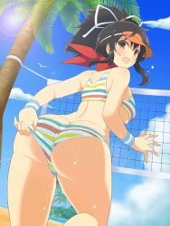 1girls asuka_(senran_kagura) beach big_ass bikini brown_eyes brown_hair color female_ass hair_tie looking_at_viewer looking_back multicolored_bikini multicolored_bra multicolored_panties multicolored_swimsuit multicolored_underwear palm_tree ponytail senran_kagura sideboob slight_blush striped_bra striped_panties striped_underwear sweat sweaty_breasts swimsuit thick_thighs two-piece_swimsuit underboob underwear volleyball_net yaegashi_nan