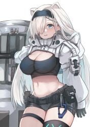 animal_ears arknights aurora_(arknights) bear_ears black_gloves black_hairband black_shirt black_shorts blue_eyes breasts cleavage commentary_request covered_erect_nipples cowboy_shot crop_top female gloves hair_over_one_eye hairband infection_monitor_(arknights) large_breasts long_hair looking_at_viewer midriff navel parted_lips partial_commentary pouch shirt short_shorts shorts shrug_(clothing) silver_hair simple_background smile solo standing stomach taut_clothes taut_shirt thigh_strap thighs very_long_hair white_background yuzuruka_(bougainvillea)