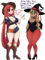 2022 2girls big_breasts cleavage darkprincess04 dialogue female_only halloween juliette_(murgoten) ni_(darkprincess04) tagme text thick_thighs witch_hat