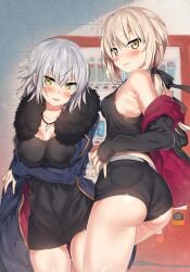 2girls artoria_pendragon_(all) artoria_pendragon_(fate) ass blonde_hair blush breasts fate/grand_order fate_(series) fur_trim highres jeanne_alter jeanne_d'arc_(fate) jeanne_d'arc_(ruler)_(fate) jeanne_d'arc_alter_(fate) jeanne_d'arc_alter_(ver._shinjuku_1999)_(fate) jewelry kawai_(purplrpouni) large_breasts long_hair looking_at_viewer multiple_girls necklace official_alternate_costume ponytail saber saber_alter saber_alter_(ver._shinjuku_1999)_(fate) short_hair short_shorts shorts smile yellow_eyes