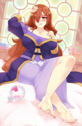 1girls bed big_breasts breasts brown_hair completely_nude female female_only huge_breasts kono_subarashii_sekai_ni_shukufuku_wo! long_hair looking_at_viewer nipples nude pubic_hair rtil smile solo thick_thighs wiz_(konosuba) yellow_eyes