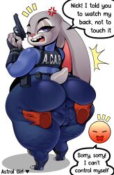 1boy 1girls anthro anus_outline ass ass_grab astral_girl big_ass bunny_ears chubby chubby_female clothing english_text eye_contact fat fat_ass female furry grey_fur gun huge_ass huge_butt hyper_bimbo judy_hopps long_ears looking_at_viewer looking_back male male/female police police_uniform policewoman purple_eyes spread_ass text voluptuous wide_hips zootopia