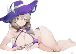 1girls 2021 alternate_version_available artist_name big_breasts bikini bikini_bottom bikini_top breasts brown_hair cleavage eyebrows eyebrows_visible_through_hair female female_focus female_only genshin_impact green_eyes hat lisa_(genshin_impact) low-tied_long_hair lying lying_on_side purple_bikini purple_bikini_bottom purple_bikini_top purple_hat simple_background solo solo_female thick_thighs thighs white_background yztp