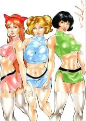 ass blossom_(powerpuff_girls) blue_hair breasts bubbles_(powerpuff_girls) bulge_through_clothing bulging_breasts buttercup_(powerpuff_girls) cartoon_network curvaceous curvy_body curvy_female curvy_figure ed_benes_studio female_focus female_only green_hair green_microskirt jeferson_lima large_breasts microskirt milf pink_hair pink_microskirt pinup powerpuff_girls seductive_looks short_hair shorts side_slit signature thighs toonami voluptuous_female white_stockings white_thighhighs