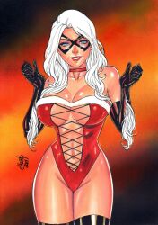 1girls 2021 big_breasts black_cat_(marvel) bulging_breasts curvaceous curvy_body curvy_figure ed_benes_studio elberty_(artist) felicia_hardy female female_only latex_corset long_hair looking_at_viewer marvel marvel_comics milf red_corset red_lipstick solo solo_female spider-man_(series) voluptuous voluptuous_female white_hair