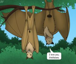 2021 animal_genitalia balls bat_penis bat_wings branch chest_tuft chiropteran dialogue digital_media_(artwork) duo female feral forest forest_background fruit_bat fur genitals i_love_you leaf love male male/female mammal membrane_(anatomy) membranous_wings nature nature_background nude plant pteropodid pussy reinderworld sheath smile smiling_at_each_other smiling_at_partner speech_bubble spread_wings spreading stellaluna talking_feral talking_to_another talking_to_partner text tree tuft wings