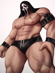 bara bara_tiddies bara_tits gay ghost_face headphones male male_focus male_only mask mask_only masked masked_male muscle muscles muscular muscular_male scream scream_(franchise) speedo speedo_only sweat sweatdrop sweating sweaty sweaty_body sweaty_breasts thick_thighs wristband wristwear