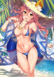 animal_ear_fluff animal_ears bangs barefoot beach beach_umbrella bikini blue_bikini blue_sky blurry blush bokeh bracelet breasts brown_eyes day depth_of_field dutch_angle ears_through_headwear fate/grand_order fate_(series) female fox_ears gluteal_fold hair_between_eyes hat head_tilt highres innertube jewelry kawai_(purplrpouni) large_breasts long_hair looking_at_viewer navel ocean oerba_yun_fang open_mouth outdoors pink_hair shiny shiny_skin sky smile solo standing standing_on_one_leg straw_hat swimsuit tamamo_no_mae_(fate) tamamo_no_mae_(swimsuit_lancer) umbrella