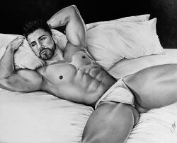 abs armpit arms_behind_head black_and_white brad_welch_art bulge instagram_model jockstrap latino male male_only muscles muscular muscular_male pecs pencil_(artwork) personal_trainer real_person roger_franco sketch spread_legs thick_thighs uncolored